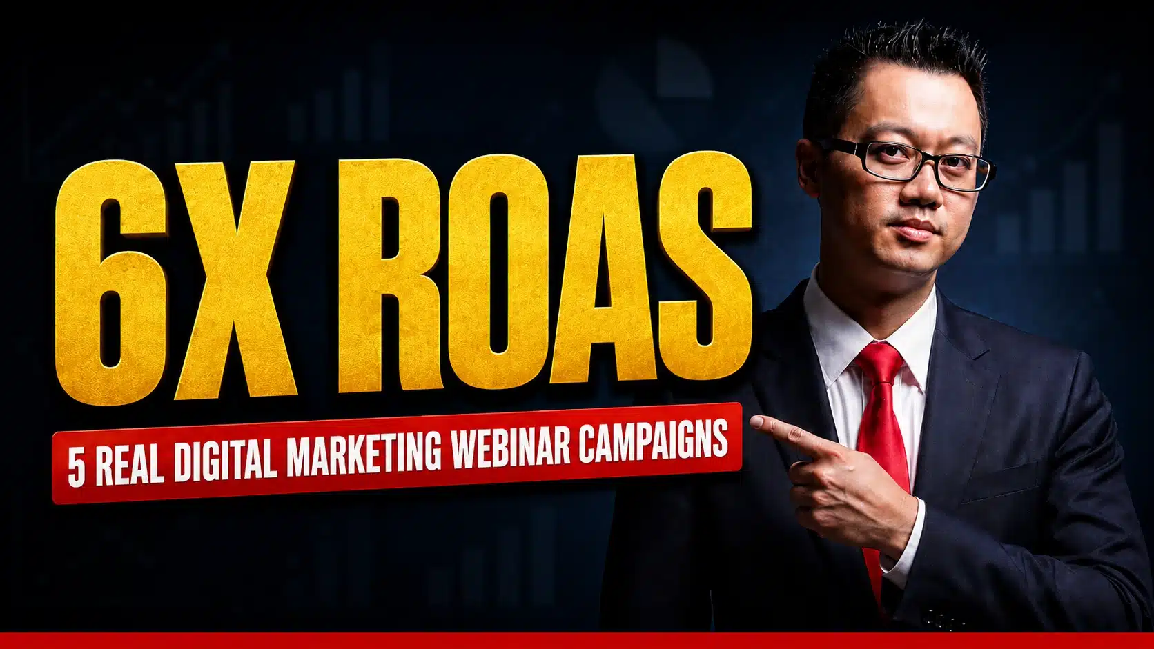 Illustration of a man pointing to the words "6X ROAS" and "5 digital marketing webinar campaigns", highlighting real webinar case study results.- 5 Digital Marketing Webinar Examples (Real Client ROI) cover picture