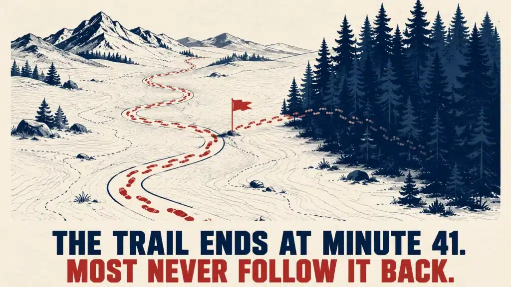 Illustration of a winding mountain trail with red footprints stopping at a signpost, representing where webinar attendees drop off at minute 41