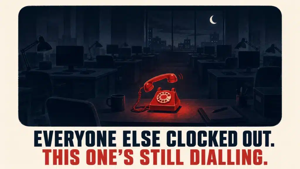 Illustration of a red telephone ringing in an empty office, symbolising AI voice calls powering a digital marketing webinar after business hours.