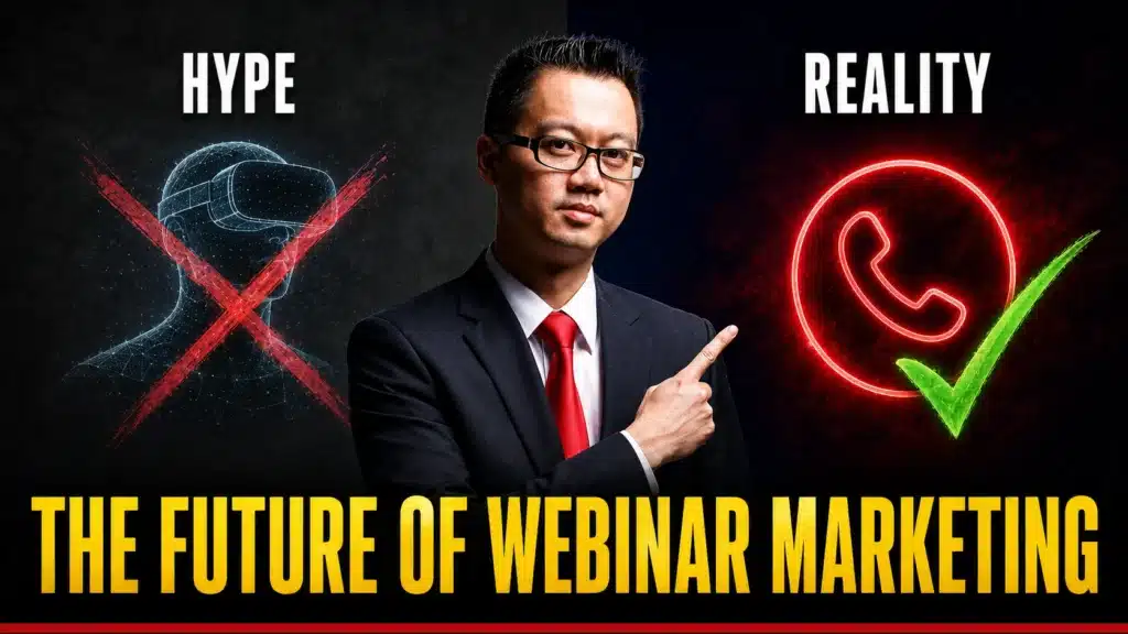 Terence Tam pointing from a crossed-out VR headset icon labelled "Hype" to a glowing phone call icon labelled "Reality," with the text "The Future of Webinar Marketing"