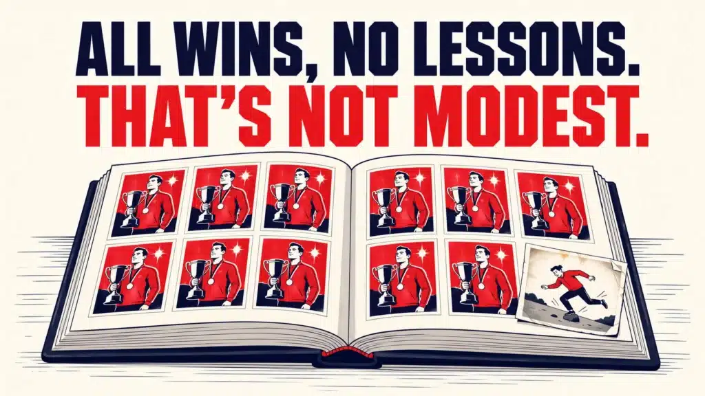 Illustrated scrapbook filled with photos of a man holding trophies, with one small photo tucked in the corner showing him stumbling — text reads "All wins, no lessons. That's not modest."