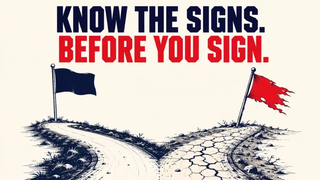 Illustrated fork in the road — one path green and healthy with a dark flag, the other cracked and barren with a tattered red flag — text reads "Know the signs. Before you sign."
