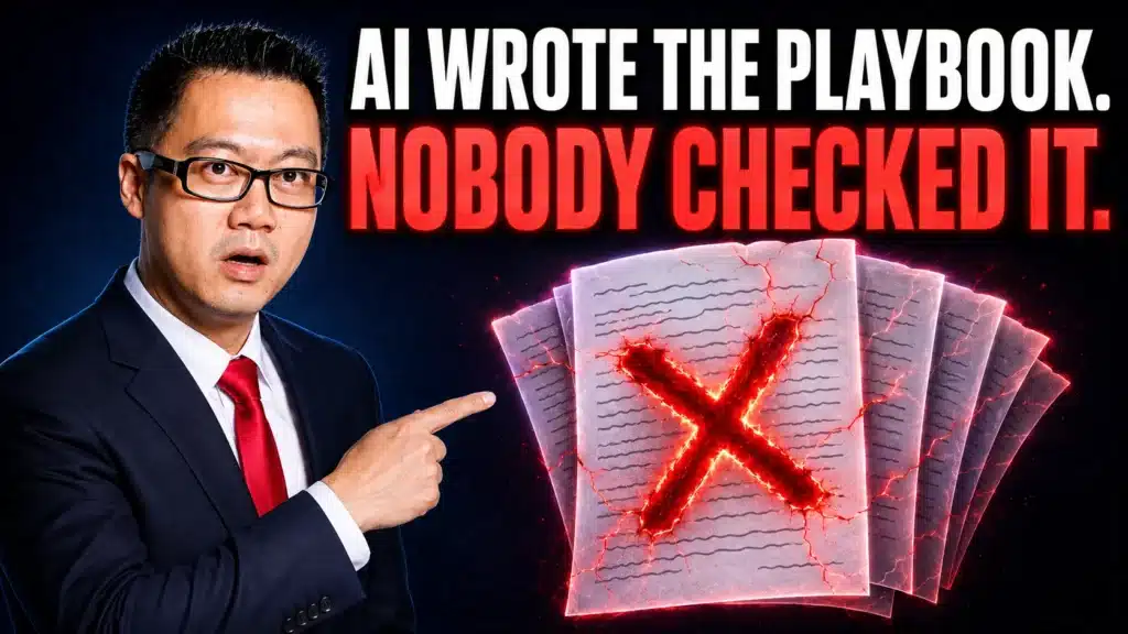 Business owner pointing at AI-generated documents marked with a red X, illustrating why strategy matters more than AI alone in the current state of digital marketing webinars.