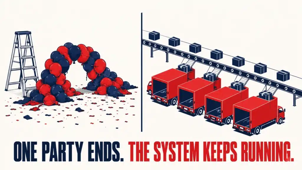 Split illustration contrasting a deflated balloon arch and party mess on the left with a conveyor belt loading a line of delivery trucks on the right, representing a one-off event versus an ongoing marketing channel