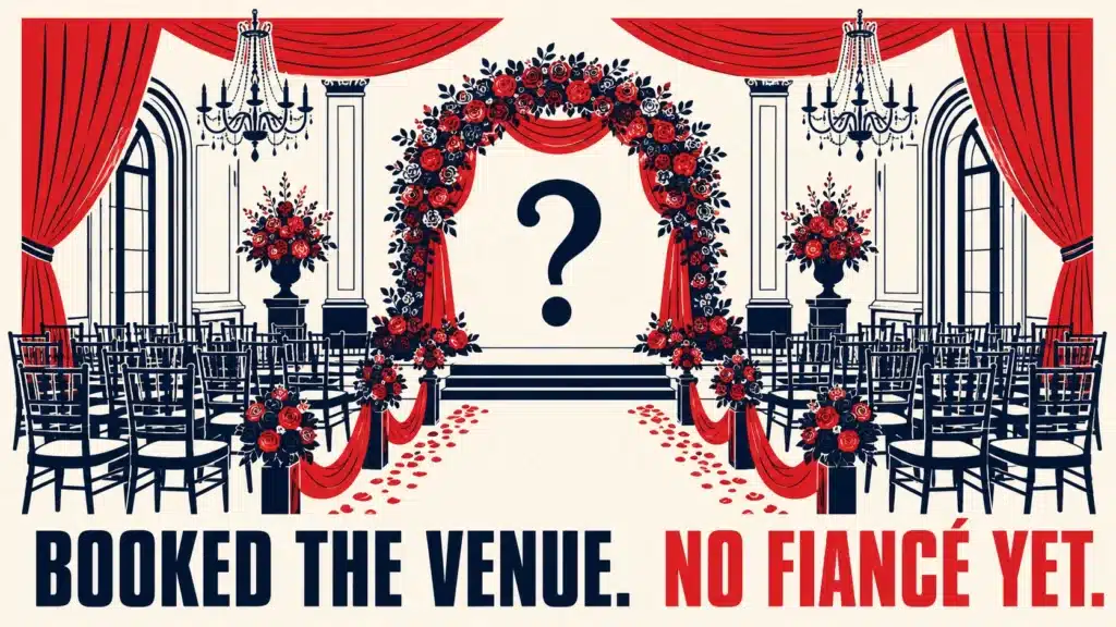 Empty wedding venue decorated for a ceremony with a question mark where the couple should stand, illustrating the mistake of building a webinar funnel before choosing the right format