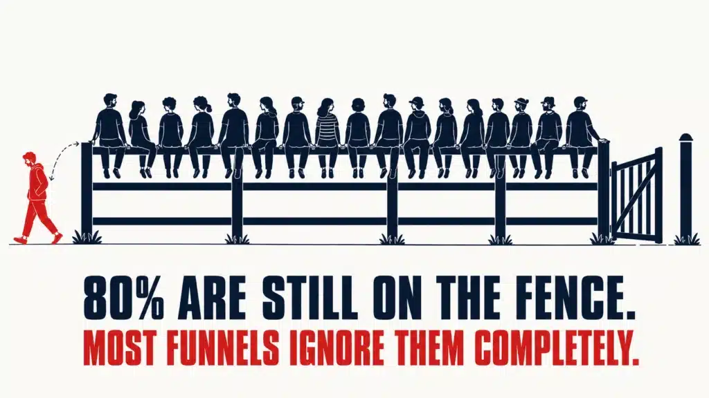 Row of people sitting on a fence while one person in red walks away through the open gate, representing the 80 percent of webinar attendees still undecided that most funnels ignore