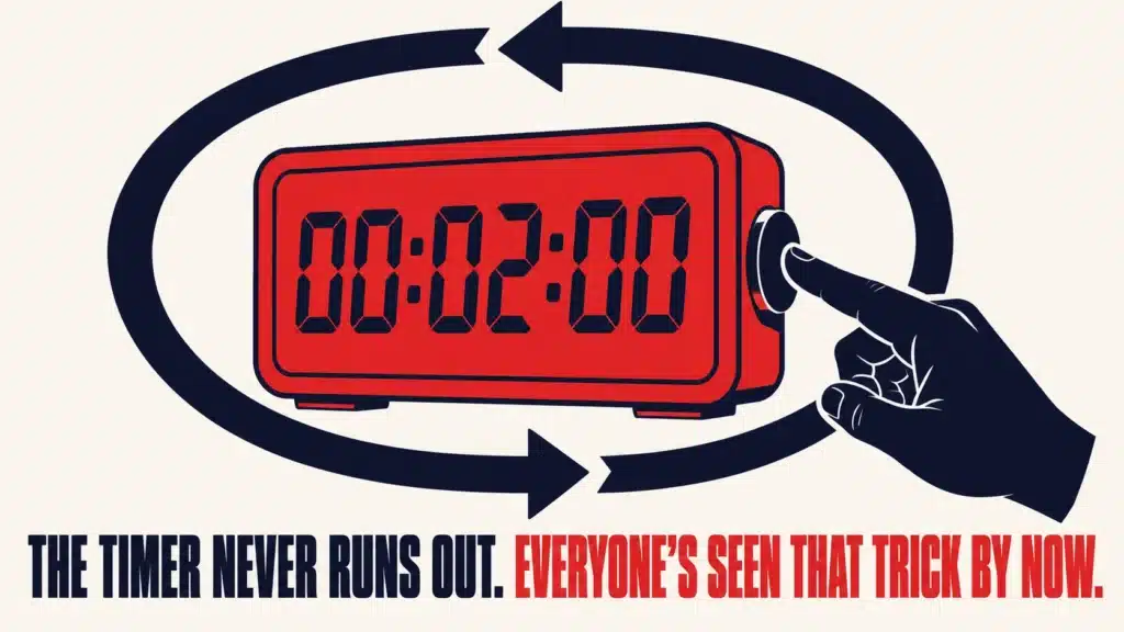 Hand resetting a digital countdown timer stuck on 00:02:00 in a loop, illustrating the fake urgency trick on webinar registration pages that visitors already recognize