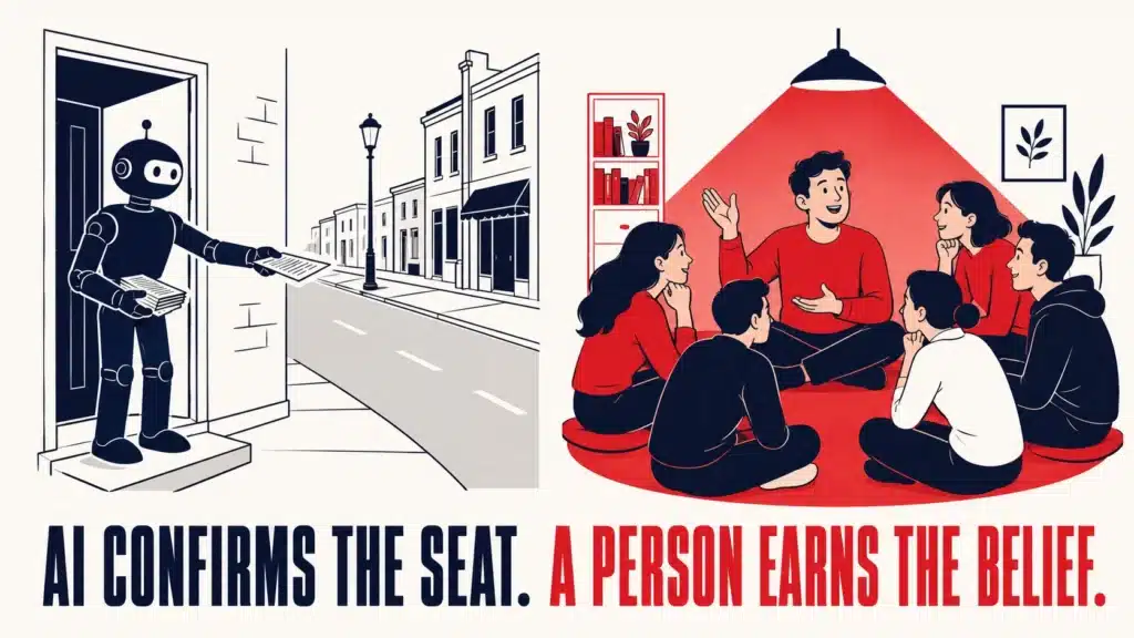 Split illustration contrasting a robot handing over a paper at a doorstep on the left with a man leading an animated group discussion in a circle on the right, representing AI handling logistics while a real presenter builds belief