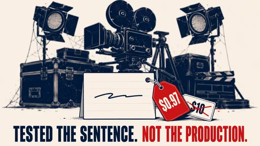Idle film production gear behind a handwritten note card with a price tag dropping from ten dollars to ninety seven cents, representing the Blitzvertizing tactic of testing message angles before spending on video production