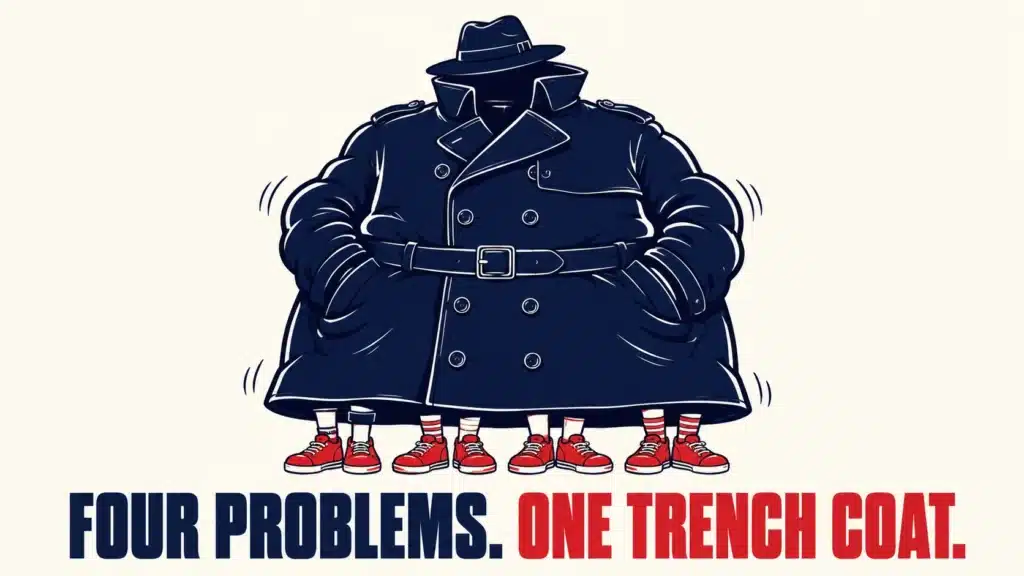 Four people in red sneakers hiding inside one oversized trench coat, representing the four disguised problems behind failed webinar lead generation