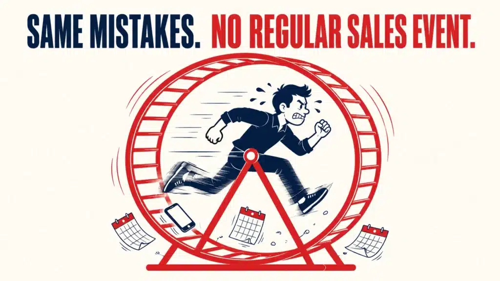 Illustration of a stressed man running on a hamster wheel surrounded by calendars and a phone, representing tuition centres stuck repeating the same marketing mistakes without a regular sales event.