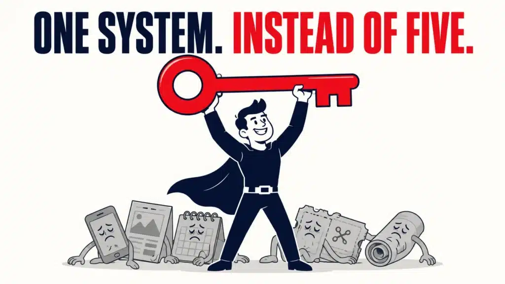 Illustration of a hero holding one key above defeated icons representing scattered marketing channels, symbolizing one unified webinar system replacing five disconnected tactics.