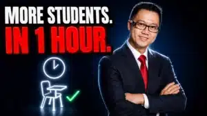 Terence Tam, tuition centre webinar marketing expert, standing confidently beside text reading "More Students. In 1 Hour."