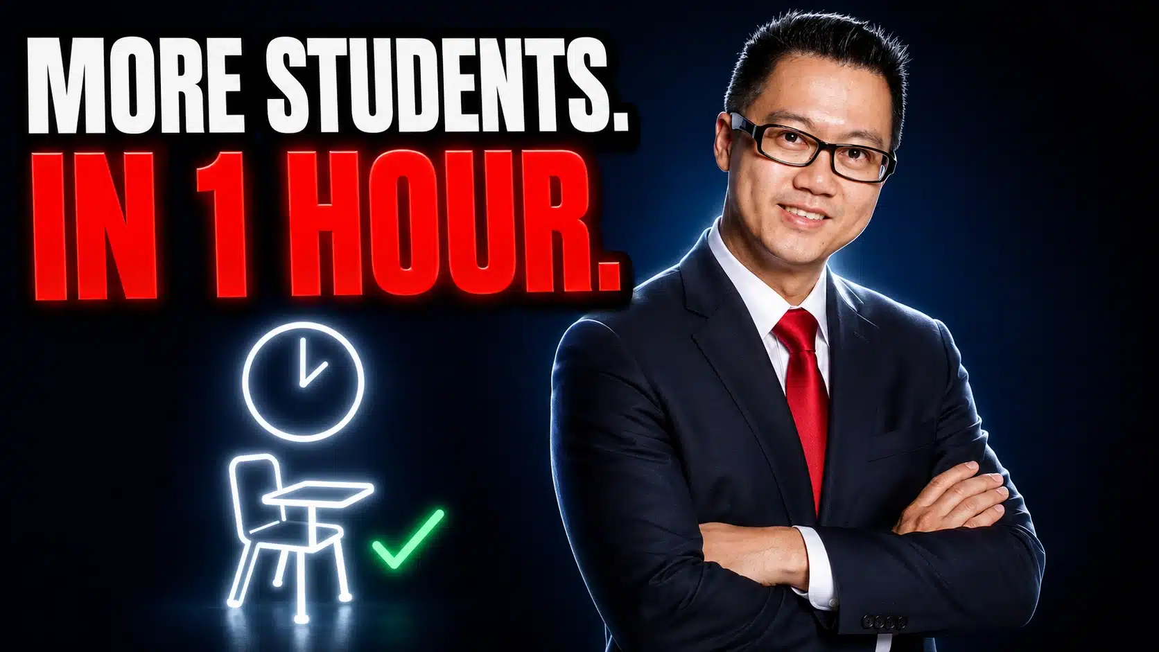 Terence Tam, tuition centre webinar marketing expert, standing confidently beside text reading "More Students. In 1 Hour."