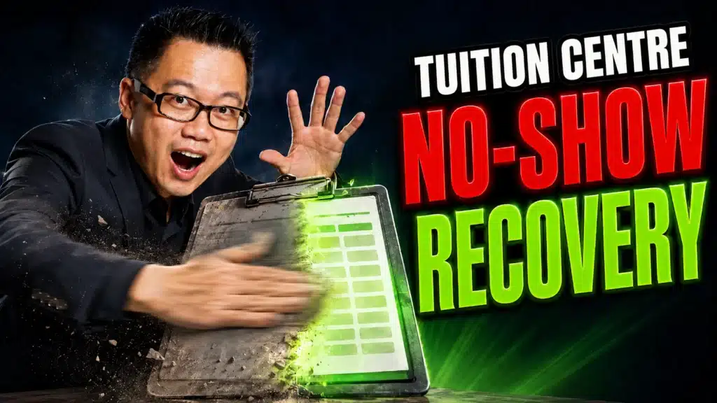 Terence Tam wiping dust off a clipboard of enrolment data that glows green, representing the tuition centre no-show recovery system for reactivating lost webinar leads.