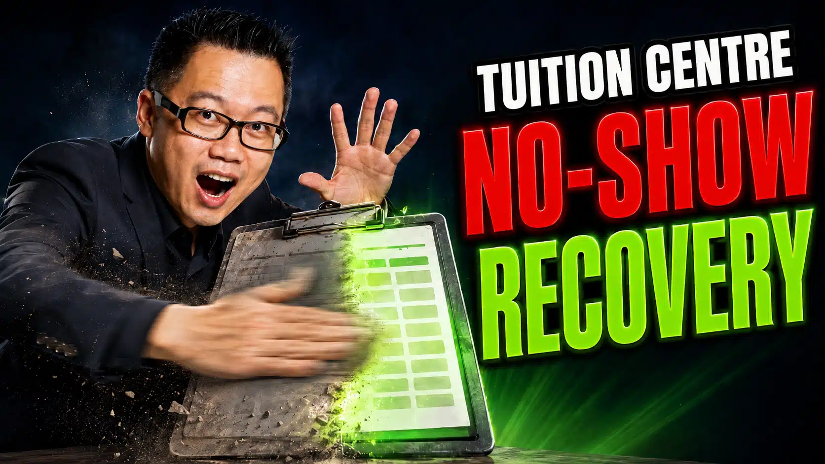 Terence Tam wiping dust off a clipboard of enrolment data that glows green, representing the tuition centre no-show recovery system for reactivating lost webinar leads.