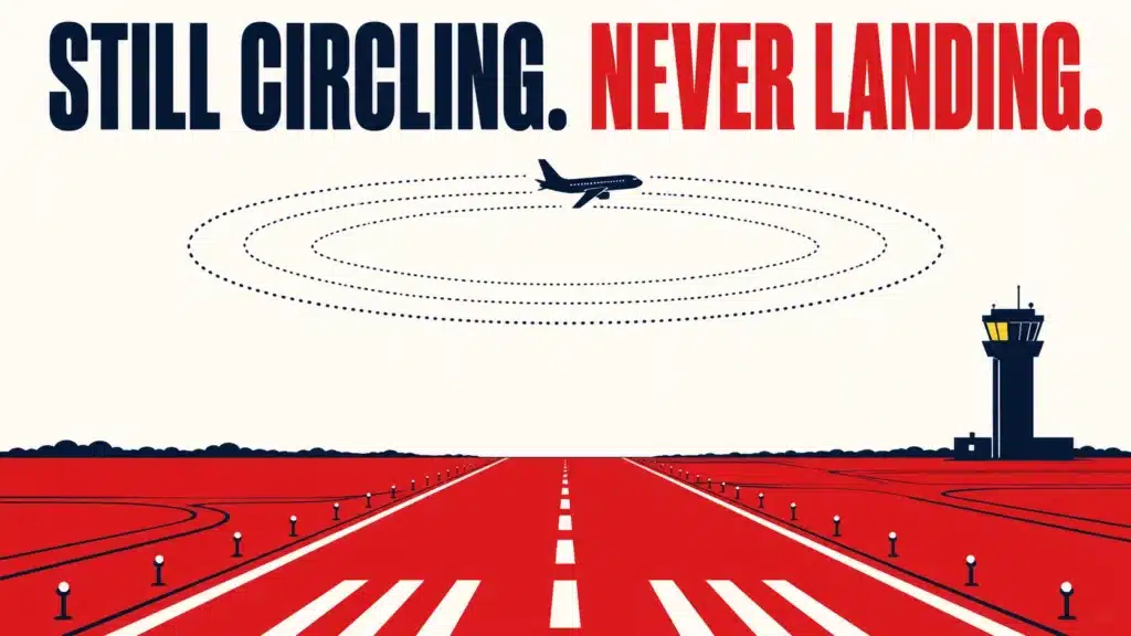 Airplane circling in a holding pattern above an airport runway and control tower, symbolising parents stuck undecided on tuition centre enrolment