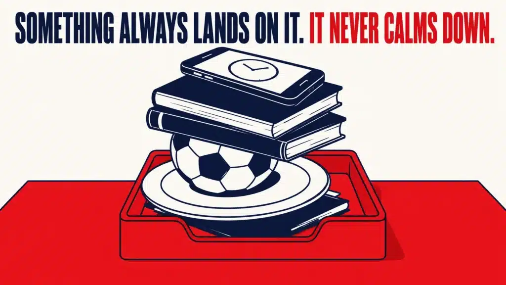 An overflowing inbox tray buried under books, a football, a phone, and dishes, symbolising why parents keep delaying enrolment decisions