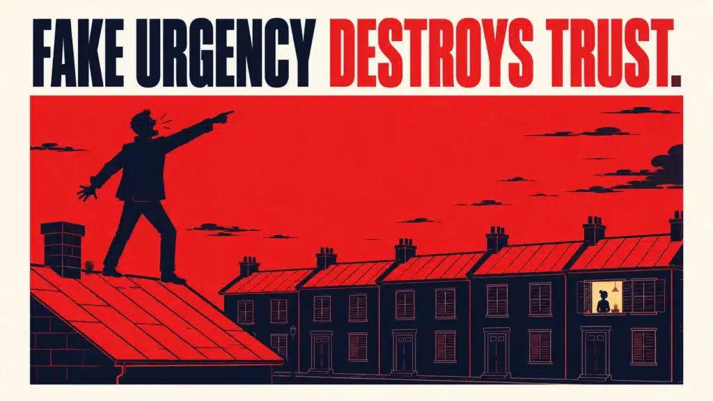 Illustration of a man shouting and pointing from a rooftop while nearby residents ignore him, symbolising fake urgency losing parent trust