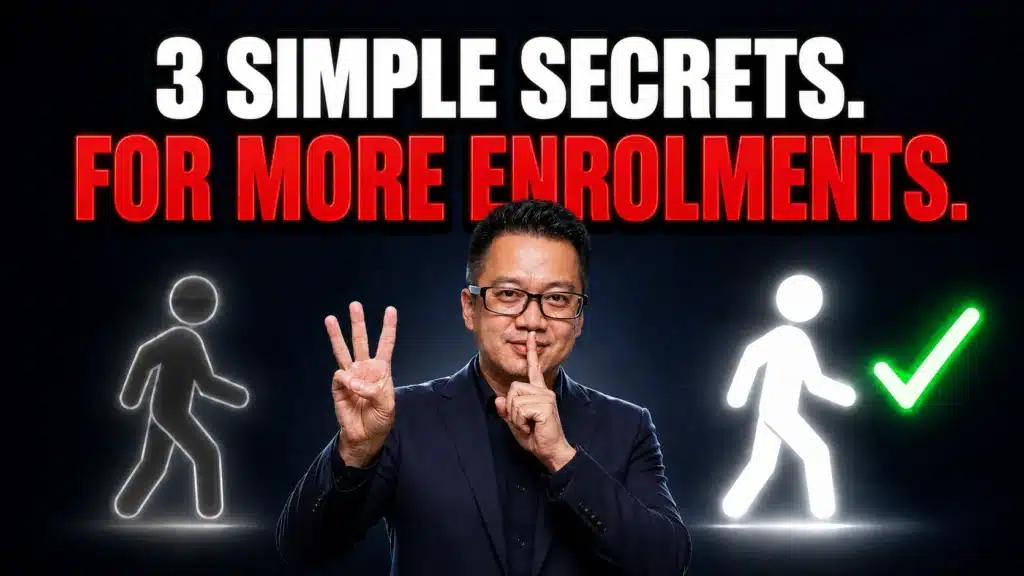 Terence Tam holding up three fingers for the tuition centre enrolment deadline secrets, flanked by a greyed-out walking figure and a lit-up figure marked with a green tick