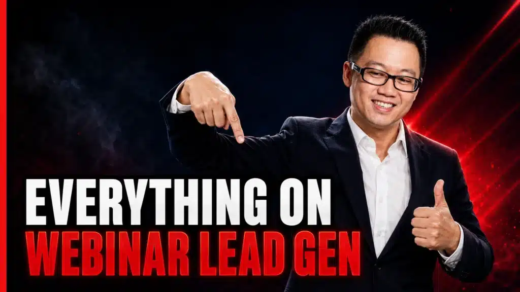 Terence Tam pointing down at bold text reading "Everything on Webinar Lead Gen" with a thumbs up, cover image for the ultimate webinar lead generation guide