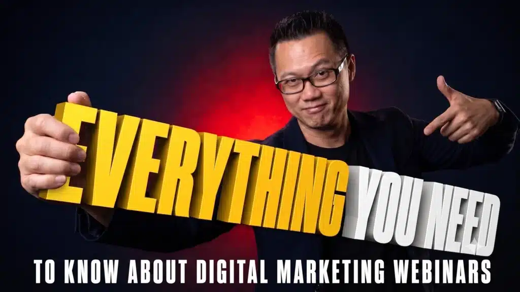 Man in glasses pointing at bold 3D text reading "Everything You Need To Know About Digital Marketing Webinars"
