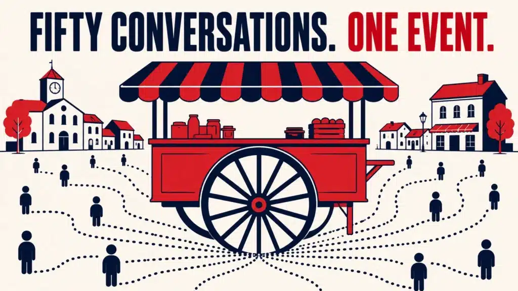Illustration of a market stall drawing converging paths from many people toward one point, representing how a single webinar replaces dozens of individual sales conversations