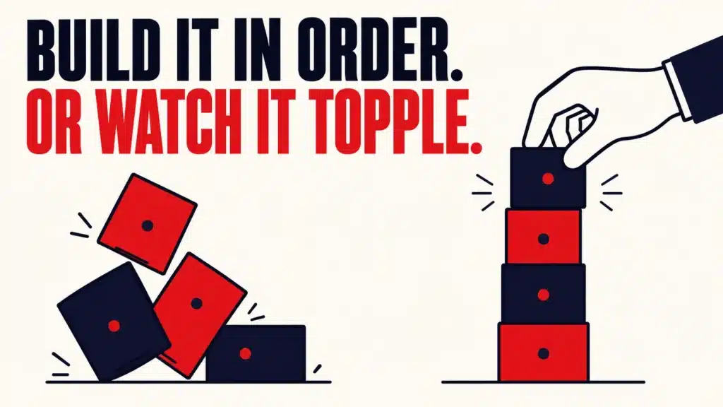 Illustration showing a wobbling stack of blocks falling versus a stable stack built one block at a time, representing the order tuition centres should build their marketing system in