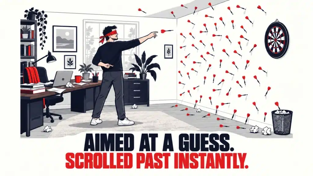 Illustration of a blindfolded man throwing darts around a home office, missing the dartboard completely, with darts scattered across the wall and floor, representing ad copy written on guesswork instead of research.