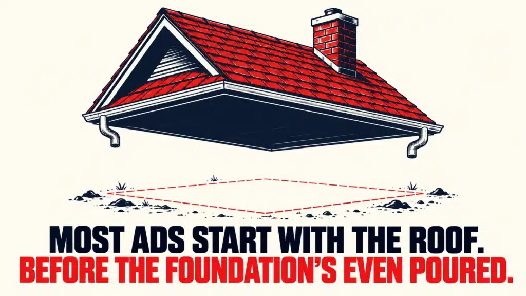 A roof floating in mid-air with no foundation beneath it, illustrating the mistake of writing seminar ad headlines before doing audience research