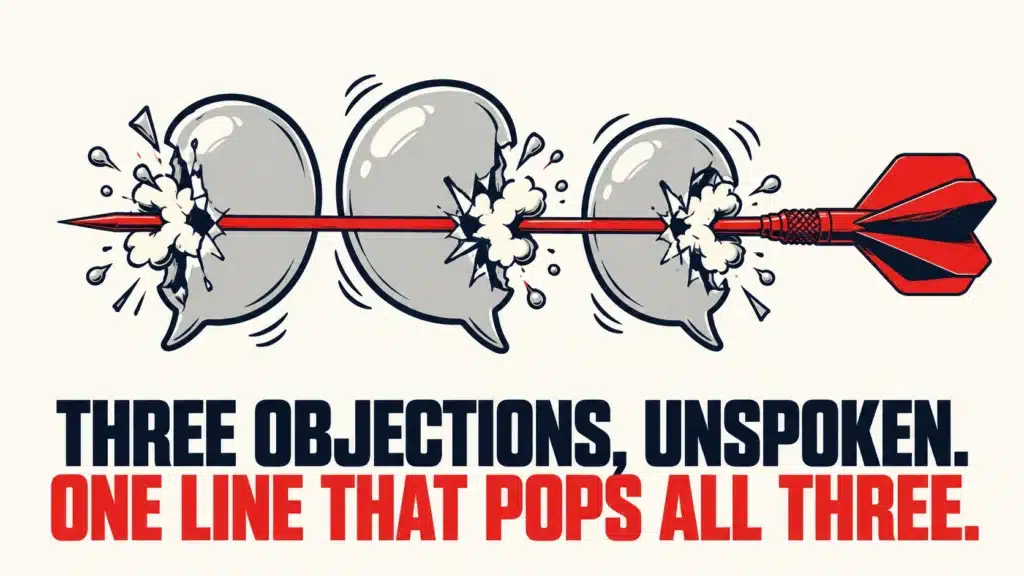 Three speech bubbles representing common seminar objections popped by a single dart, illustrating how one line of ad copy can address multiple doubts at once