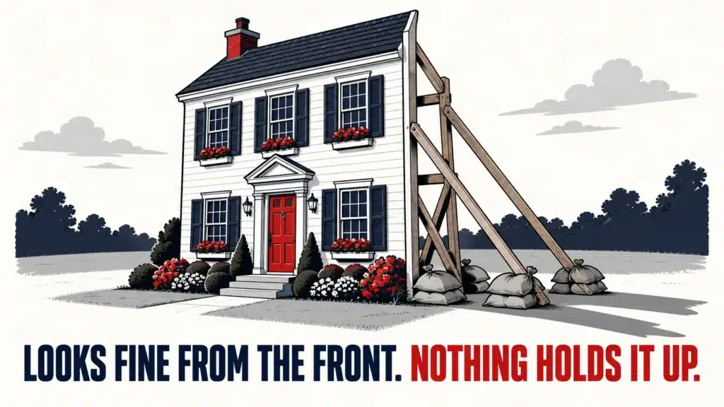 Illustration of a house that looks solid from the front but is held up by wooden braces and sandbags from behind, representing an ad campaign that looks fine on the surface but has no real research behind it.