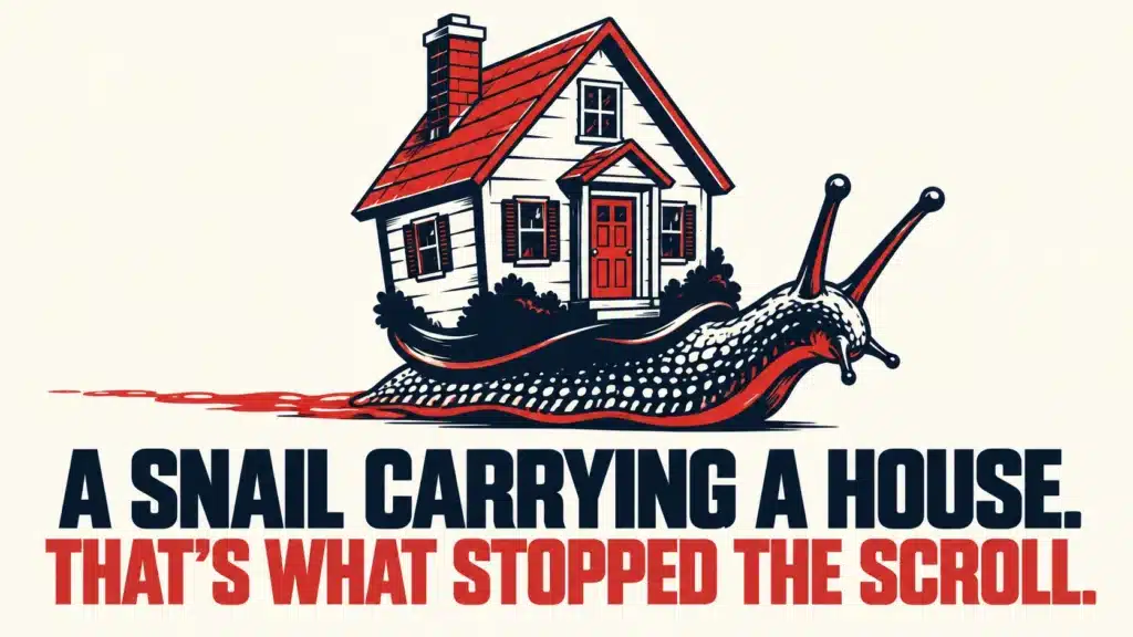 Illustration of a snail carrying a house on its shell, used as an unexpected creative angle for a slow real estate market seminar ad