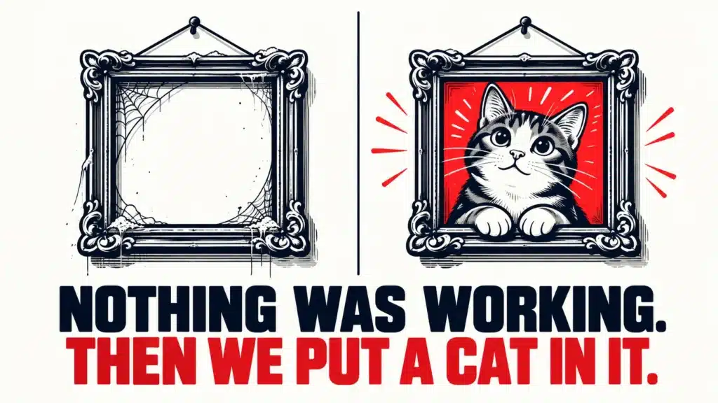 Two picture frames side by side, one empty and covered in cobwebs, the other showing a smiling cat on a red background, above the text "Nothing was working. Then we put a cat in it.", illustrating how a fresh ad concept revived a dying campaign