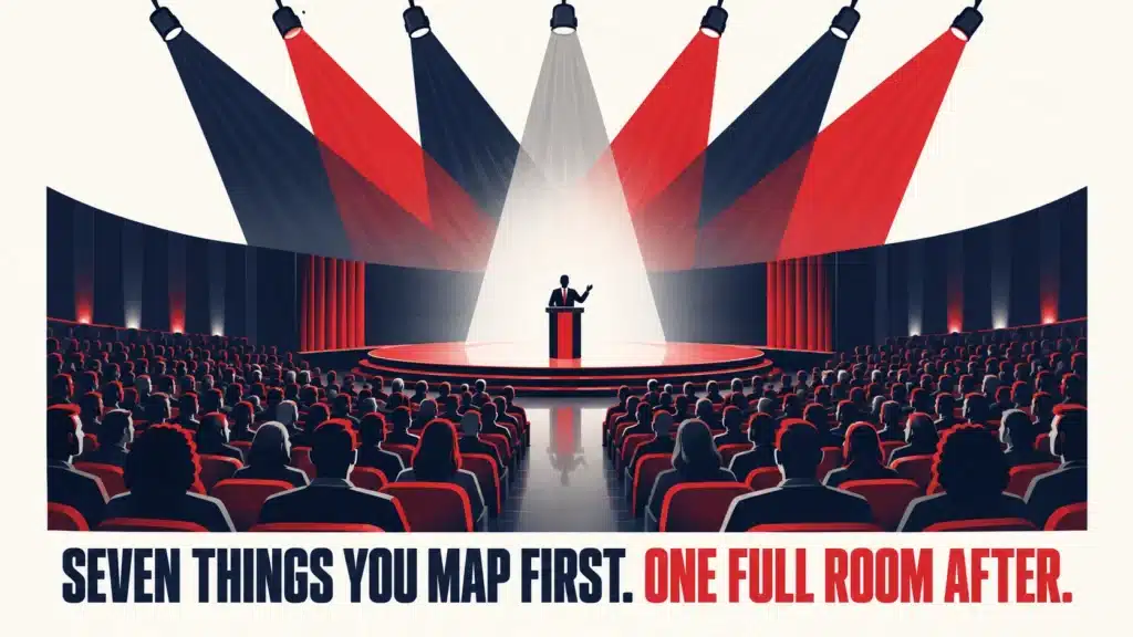 Illustration of a speaker addressing a full auditorium under dramatic spotlights, representing the result of mapping the seven audience research elements before running a seminar campaign.