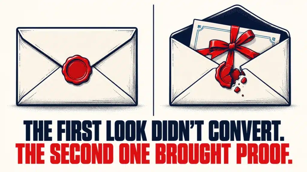 A sealed envelope next to an opened one revealing a certificate tied with a red ribbon, above the text "The first look didn't convert. The second one brought proof.", illustrating how retargeting ads for seminars win back warm prospects