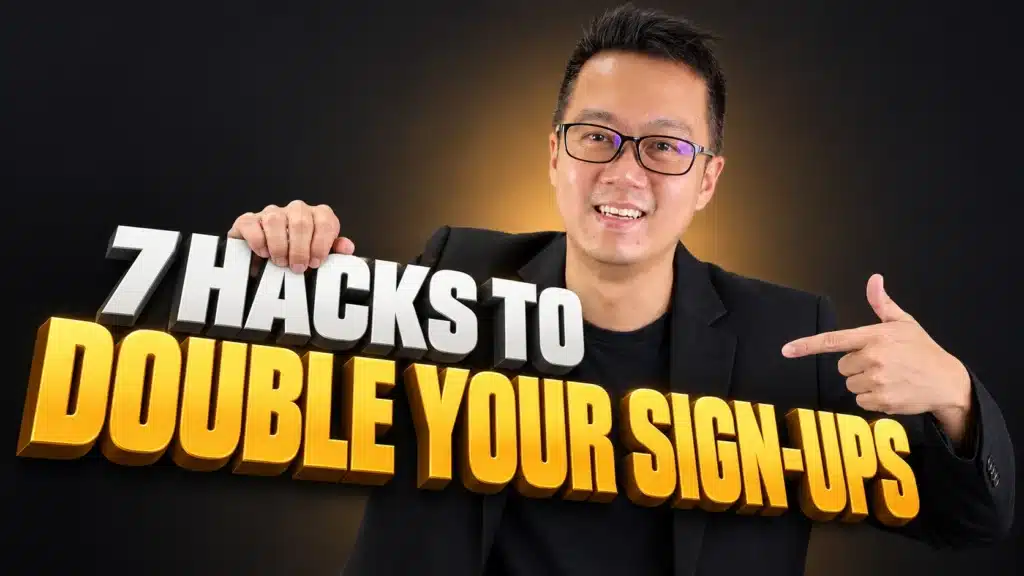 Terence Tam pointing to '7 Hacks to Double Your Sign-Ups' text, introducing a guide to seminar marketing audience research