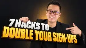 Terence Tam pointing to '7 Hacks to Double Your Sign-Ups' text, introducing a guide to seminar marketing audience research