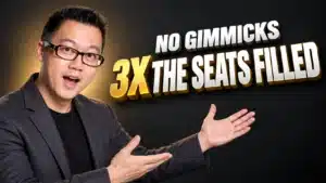 Terence Tam pointing to bold text reading "No Gimmicks, 3X the Seats Filled," representing the seminar ad copywriting framework for tripling event attendance