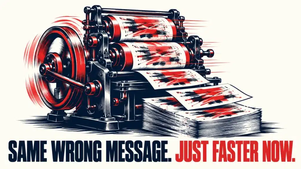 Vintage printing press spinning at high speed and churning out a stack of crossed-out, smudged pages, with bold text reading "Same Wrong Message. Just Faster Now."