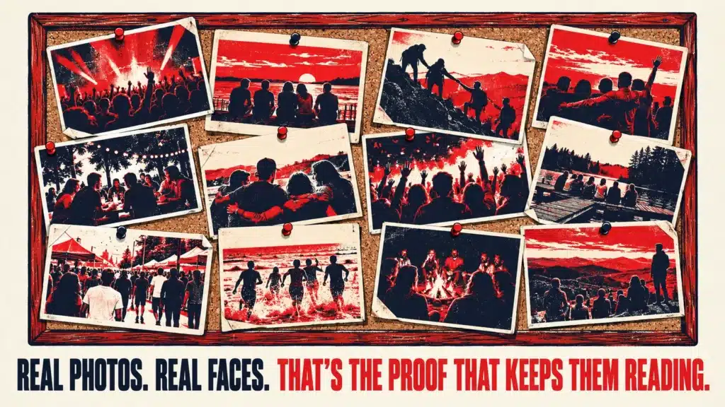 Corkboard pinned with a collage of red and navy event photos showing crowds cheering, friends gathered around a campfire and groups sharing moments outdoors, with bold text reading "Real Photos. Real Faces. That's the Proof That Keeps Them Reading."