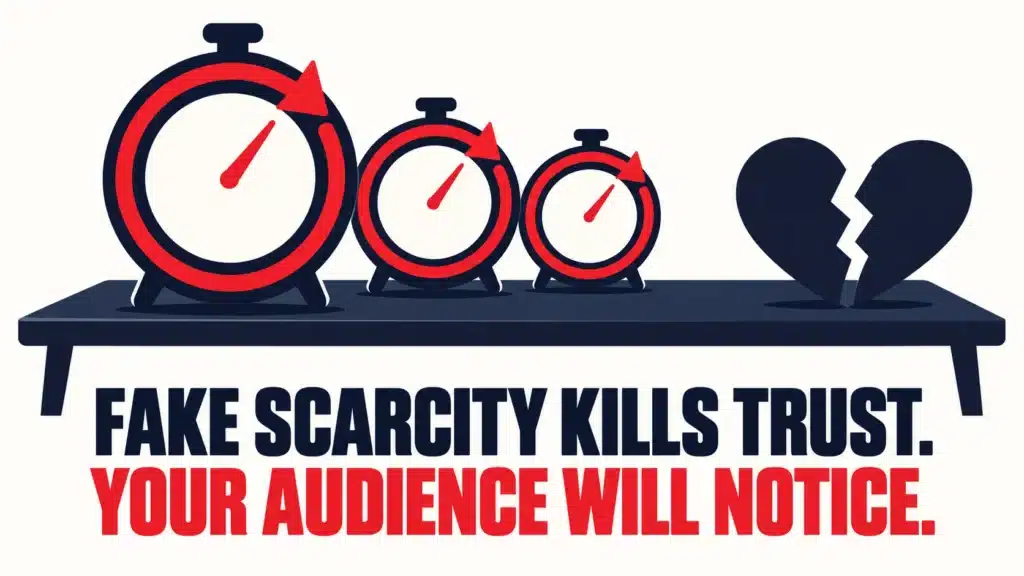Three red countdown timers resetting on a shelf beside a broken heart, with bold text reading “Fake Scarcity Kills Trust. Your Audience Will Notice.”