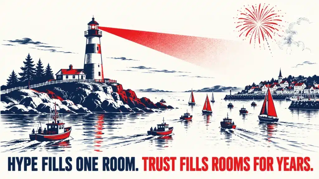 Lighthouse on a rocky shore guiding a steady stream of boats into harbour while a single firework fades in the sky, with bold text reading "Hype Fills One Room. Trust Fills Rooms for Years."