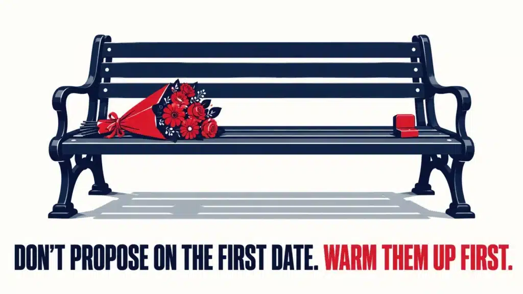Empty park bench with an abandoned bouquet of red roses and an open ring box, with bold text reading “Don’t Propose on the First Date. Warm Them Up First.”