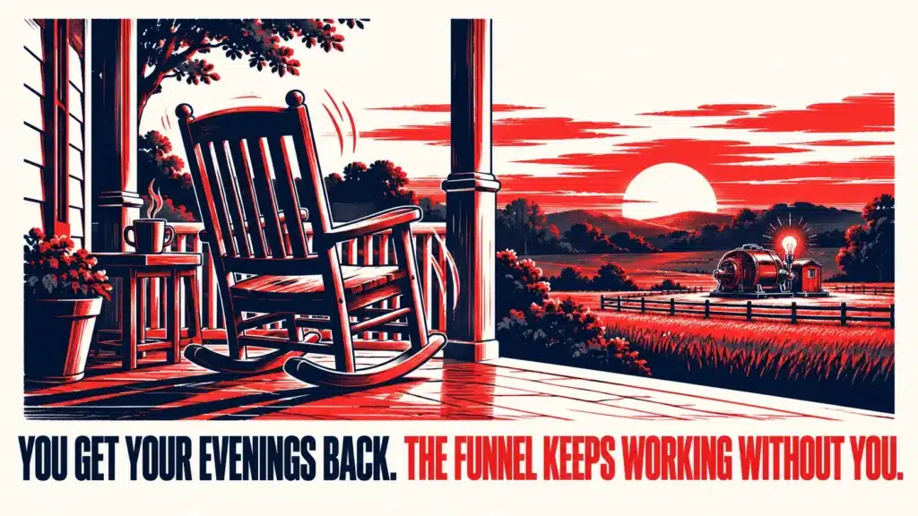 Empty rocking chair on a porch at sunset beside a steaming cup of coffee, overlooking a field where a generator keeps a light bulb glowing, with bold text reading "You Get Your Evenings Back. The Funnel Keeps Working Without You."