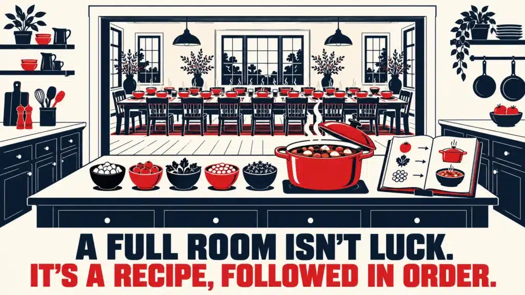 Kitchen island lined with five bowls of ingredients beside a steaming red pot and an open recipe book, looking through to a long dining table fully set with steaming bowls, with bold text reading "A Full Room Isn't Luck. It's a Recipe, Followed in Order."