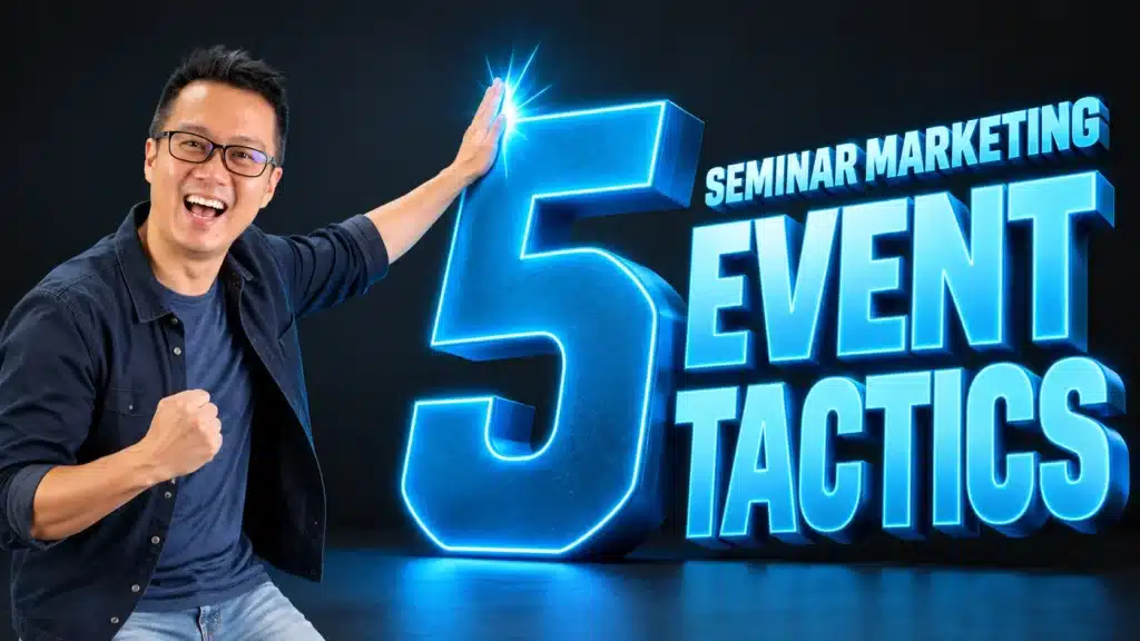 Terence Tam cheering with a fist pump while leaning on a giant glowing blue number 5, beside bold text reading "Seminar Marketing: 5 Event Tactics."