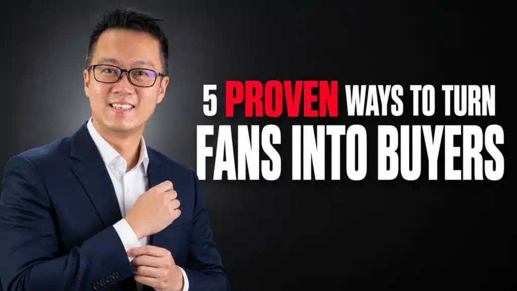 Terence Tam in a navy suit beside bold text reading “5 Proven Ways to Turn Fans Into Buyers,” a guide to boosting creator webinar registrations.