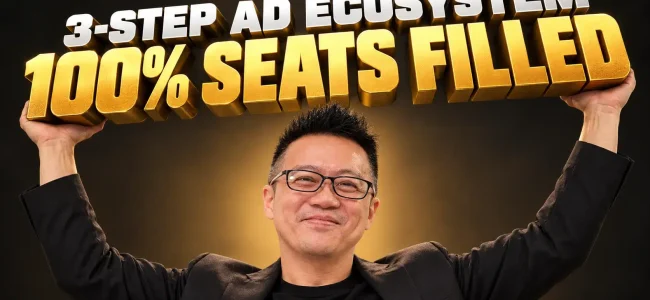 Man smiling and holding up gold 3D text reading "100% Seats Filled" beneath the headline "3-Step Ad Ecosystem", representing a seminar ad ecosystem for filling event rooms